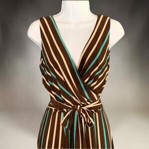 Vintage Y2K Harold’s Wrap Style Striped Midi Dress Tie Belt Jersey A Line Size S